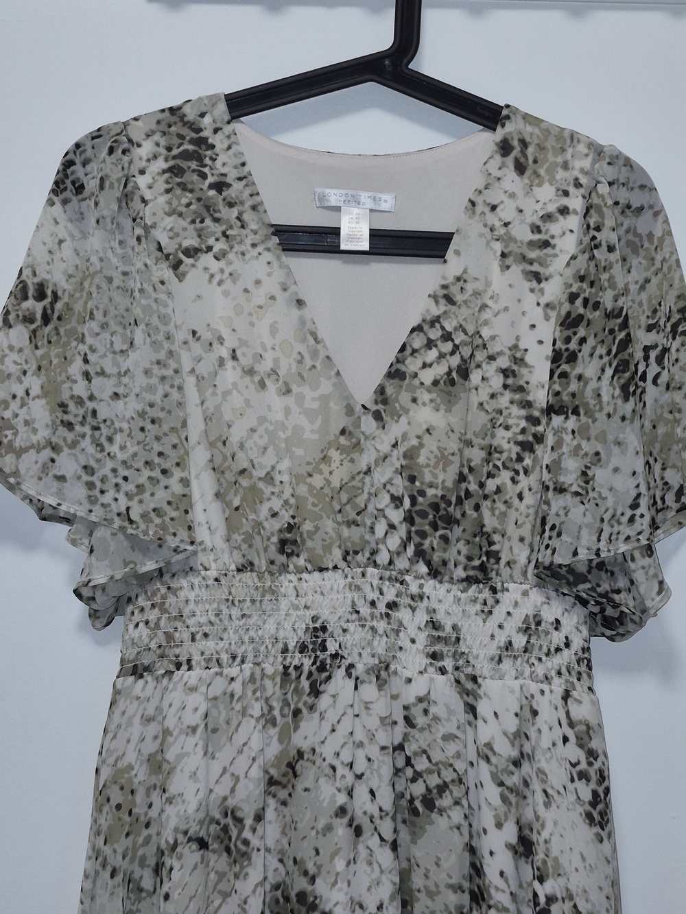 London Times Snake Skin Printed V‑Neck Flutter Maxi Dress